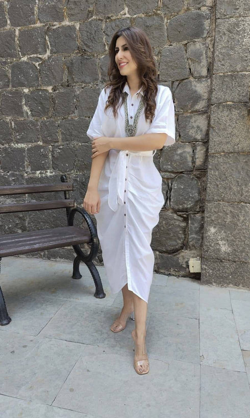 White Shirt Gown With Belt