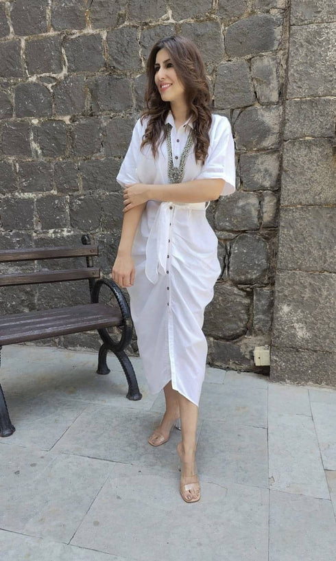 White Shirt Gown With Belt