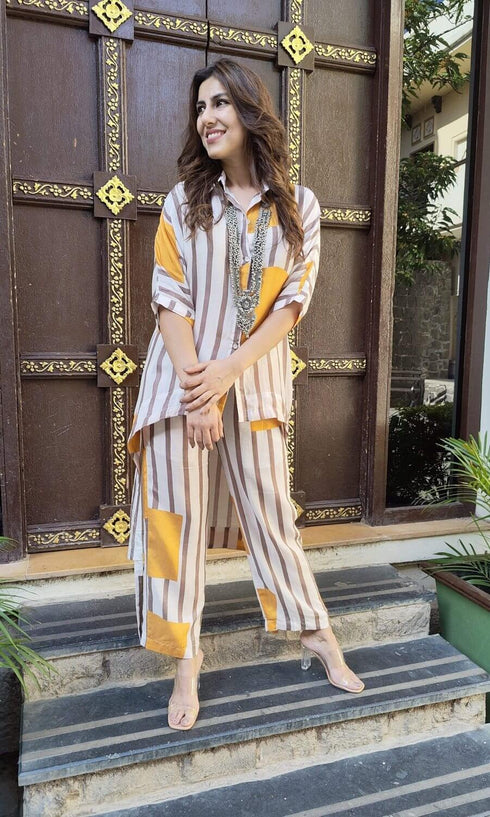 Yellow Grey Stripe Coord Set