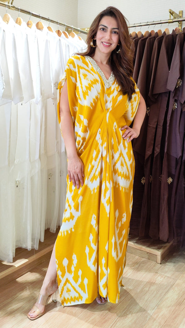Yellow Ikat Kaftan Dress