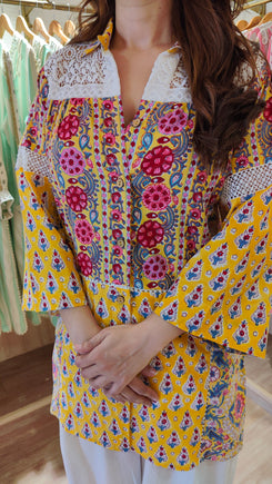 Yellow Jaipuri Mixed Print And Off-White Balloon Pant Set - view 3