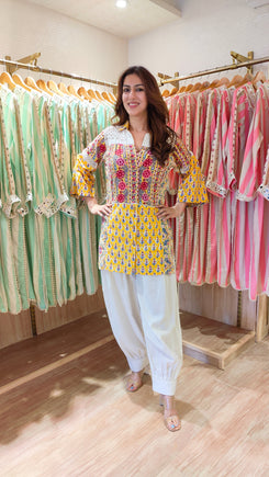 Yellow Jaipuri Mixed Print And Off-White Balloon Pant Set - view 4