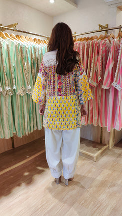 Yellow Jaipuri Mixed Print And Off-White Balloon Pant Set - view 7