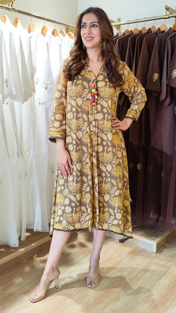 Yellow Tree Motif High Low Midi Dress