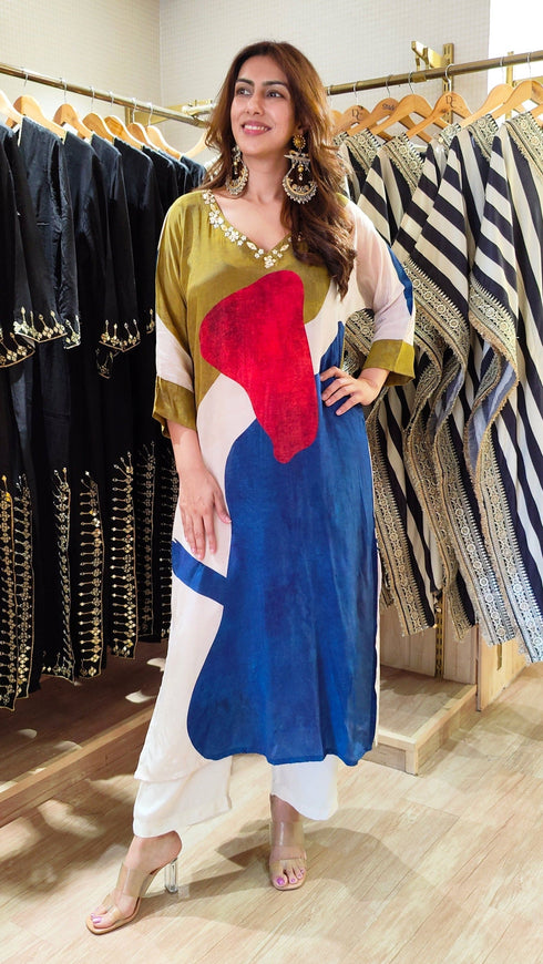 Olive And Blue Abstract Kurta Pant Set