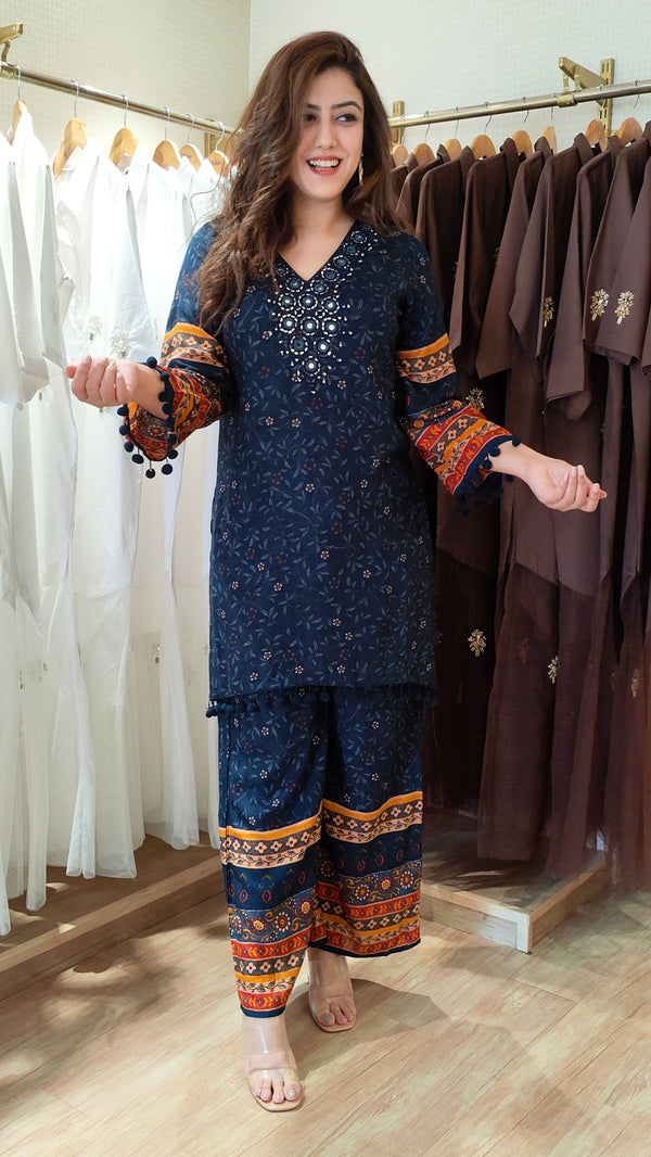 Navy Blue Mirror Work Floral Coord Set