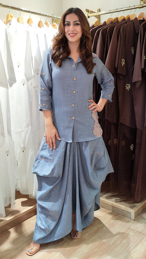 Light Denim Look Embroidered Drape Skirt Set