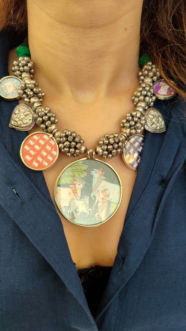 Handcrafted Oxidized Necklace with Printed Pendants