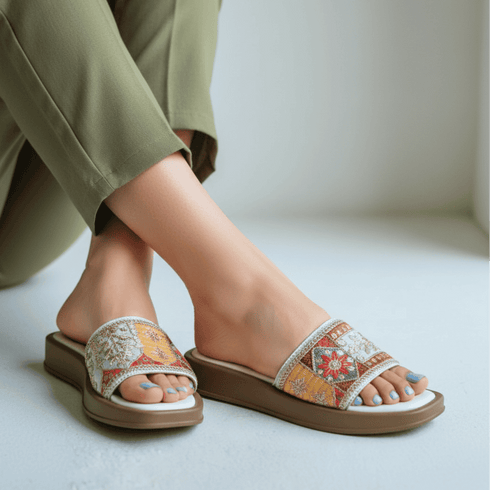 White Patchwork Embroidered Slider