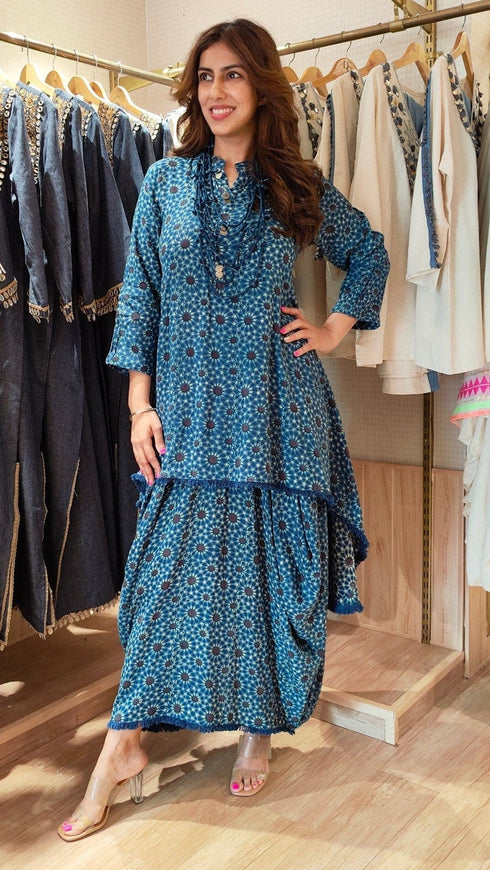 Blue Dhoti Skirt Dress With Neckpiece