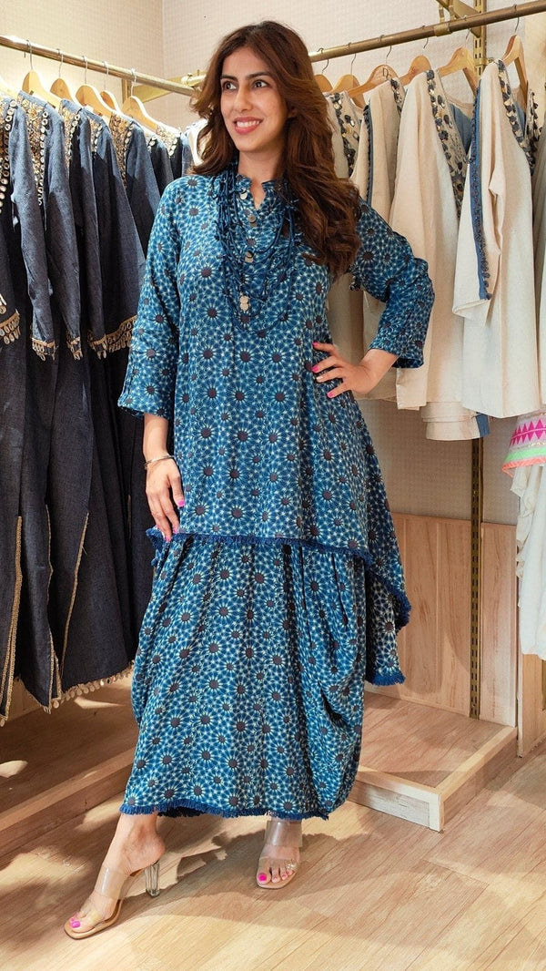 Blue Dhoti Skirt Dress With Neckpiece