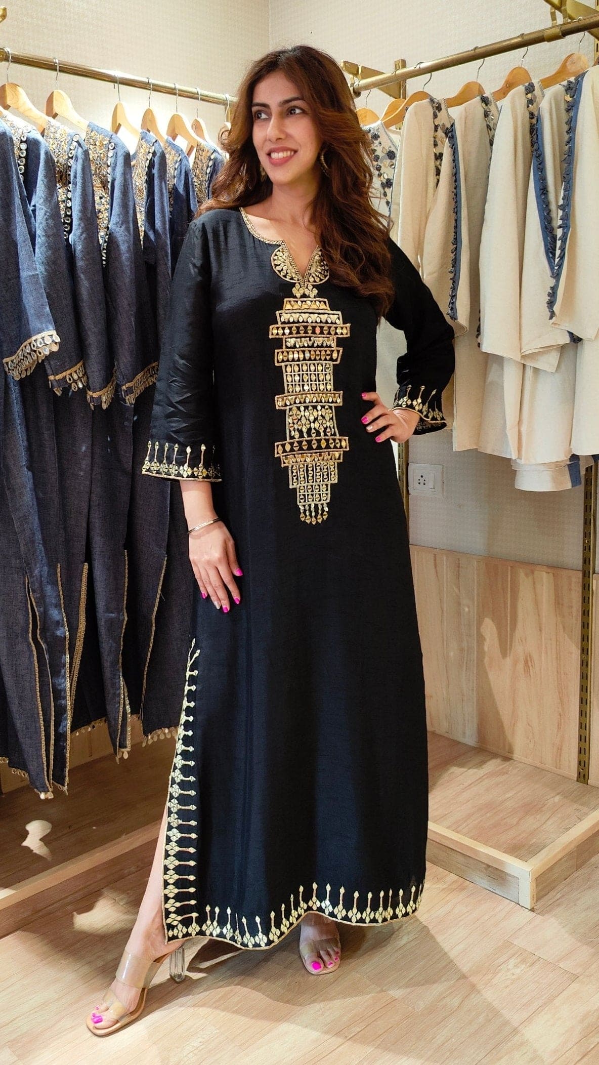 slim fit dress slacks Designer Wear Hand Embroidered Dubai Kaftan Black main image 0