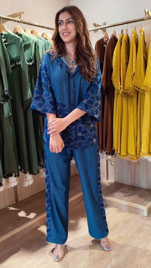 3D Net Dark Denim Shirt with Pant
