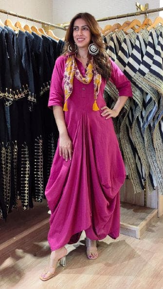 Pink Drape Dress With Printed Scarrf