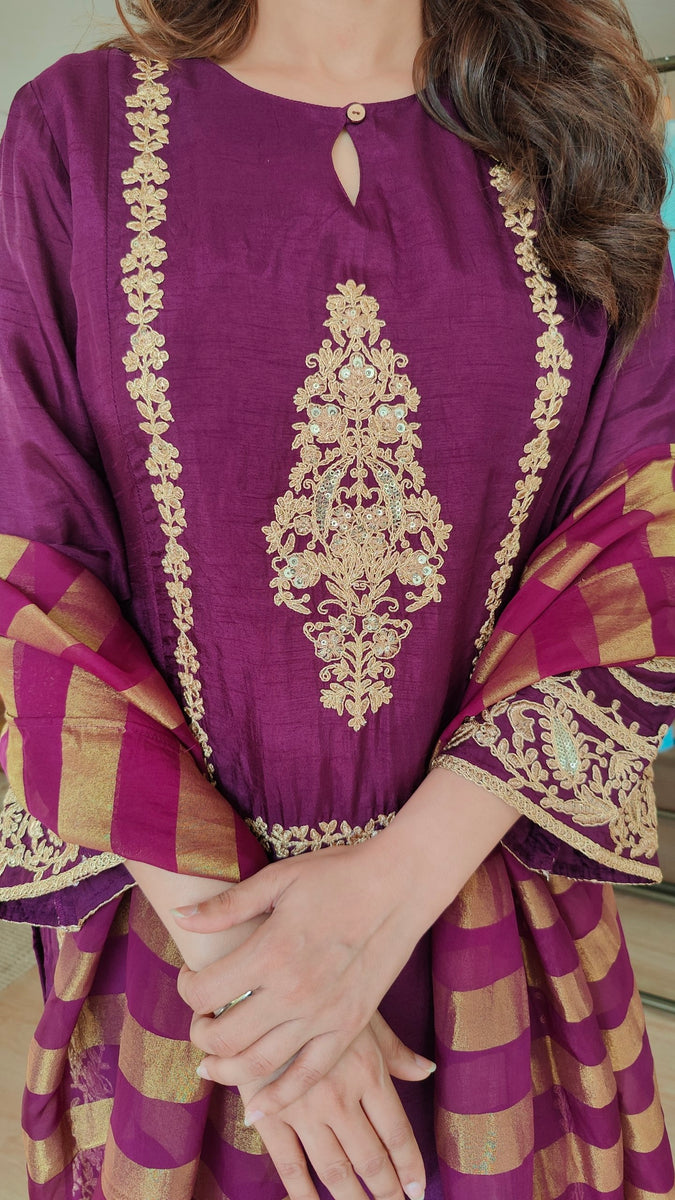 Purple 3 piece Zari Embroidered Farshi set – Label DC