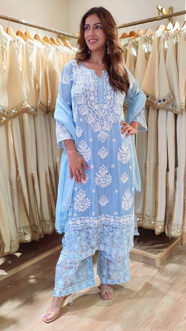 Long Blue Cutwork Chikan Hand Embroidery Set