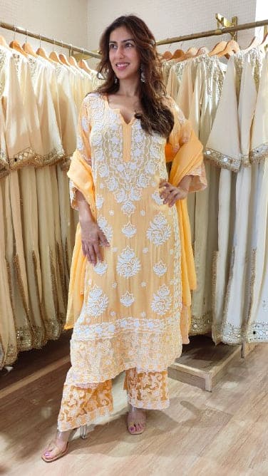 Long Peach Cutwork Chikan Hand Embroidery Set