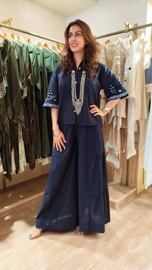 Blue Embroidery Top With Flared Pant