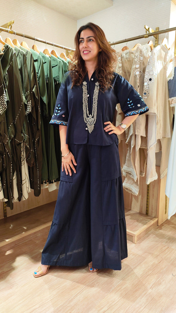 Blue Embroidery Top With Flared Pant