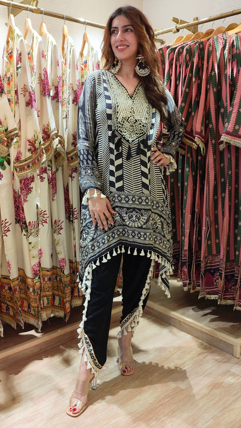 Natural Crepe Black White Kurta Dhoti