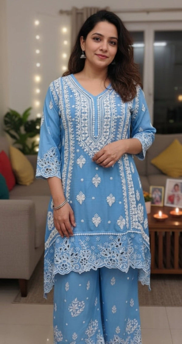 Blue Cutwork Chikan Hand Embroidery Set