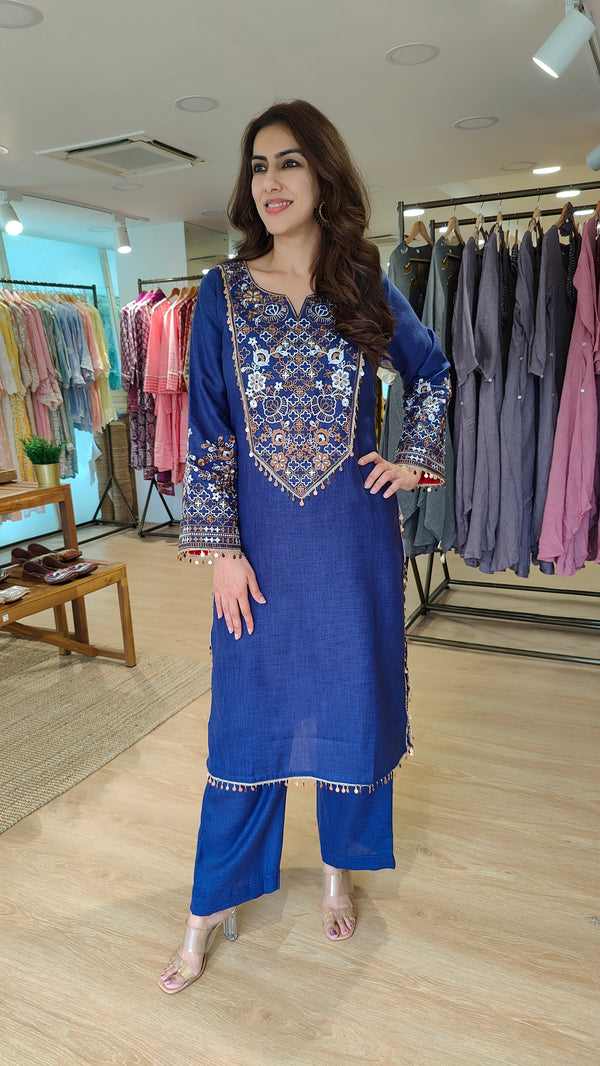 Indigo Blue Embroidered Kurta Set with Tassel