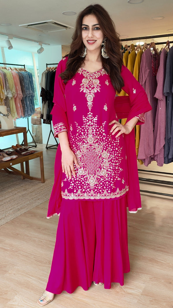 Embroidered Rani Pink Sharara Suit with Dupatta