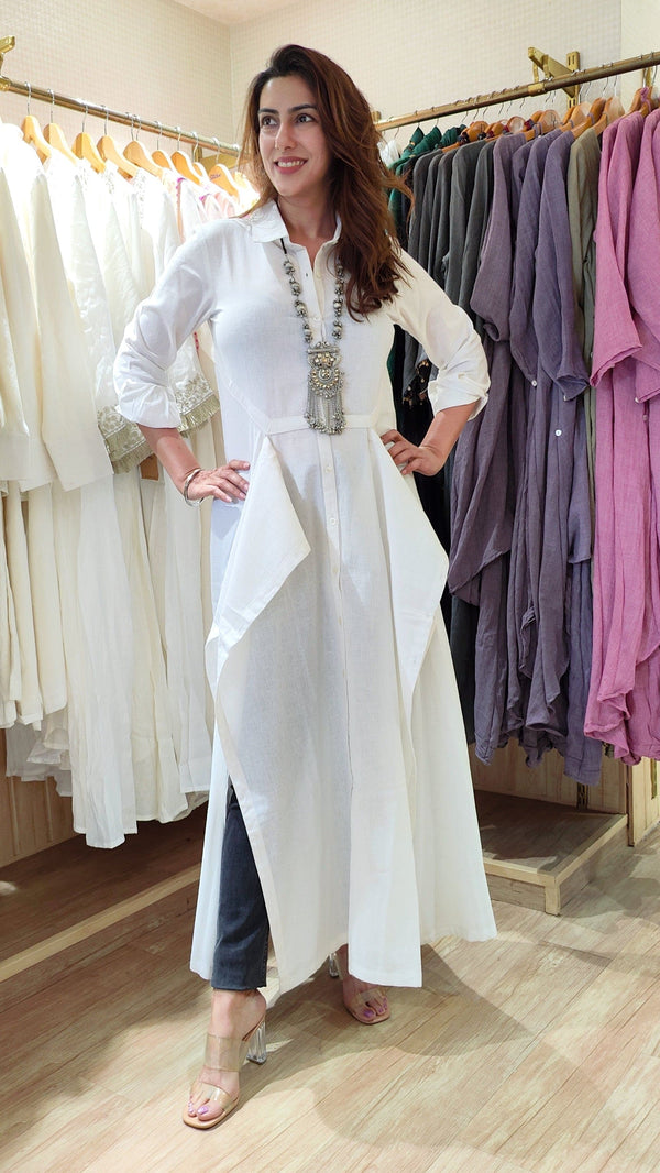 Flap and Slit White Long Shirt