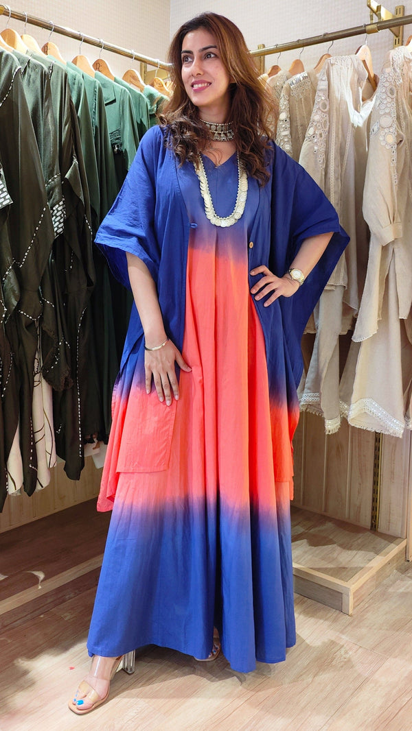 Ombre Blue Peach Dress With Cape