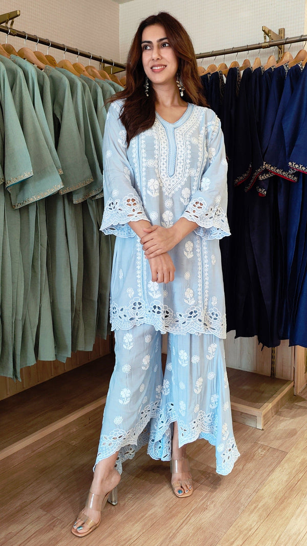 Blue Cutwork Chikan With High Low Pants