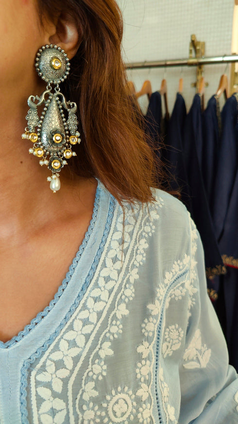 Vintage Oxidised Pearl Drop Earrings for Women