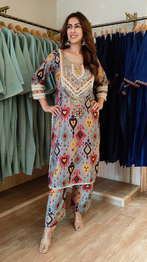 Grey Ikat Kurta Pant Set