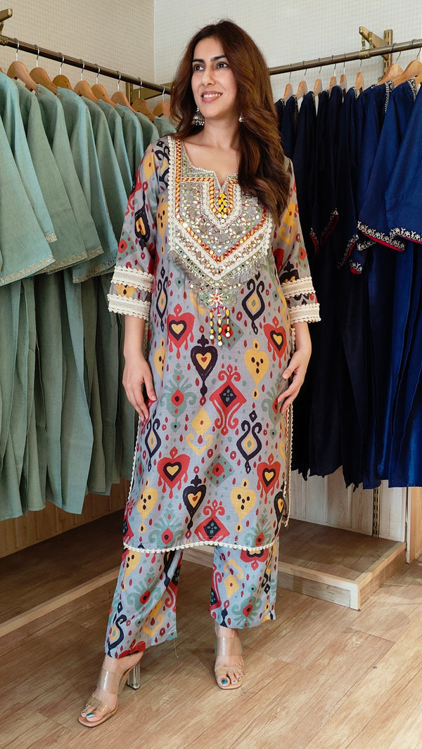 Grey Ikat Kurta Pant Set