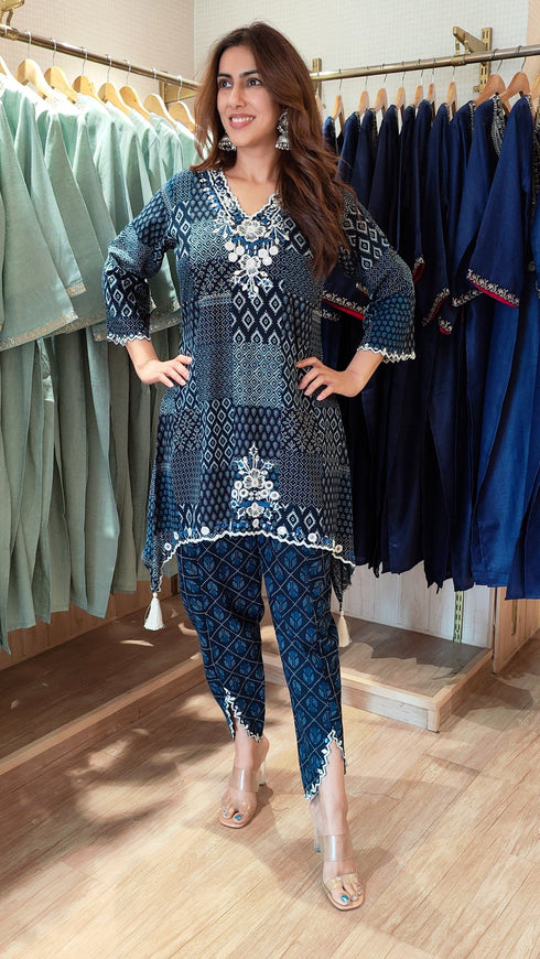 Indigo Blue Printed Patchwork Kurta Set