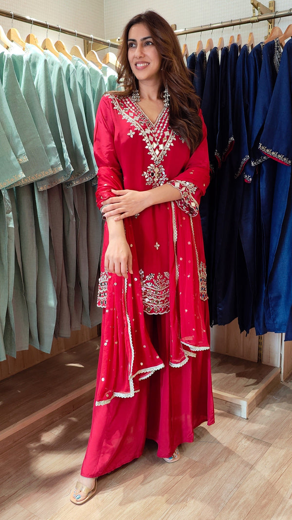 Maroon Mirror Embroidered Sharara Set