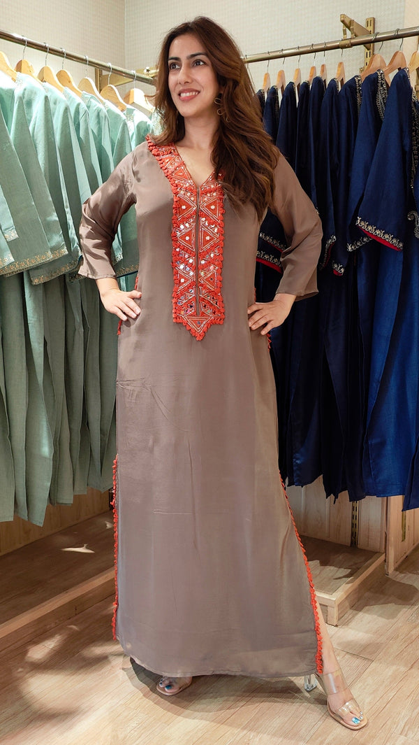 Brown Kaftan Dress with Rust Embroidery