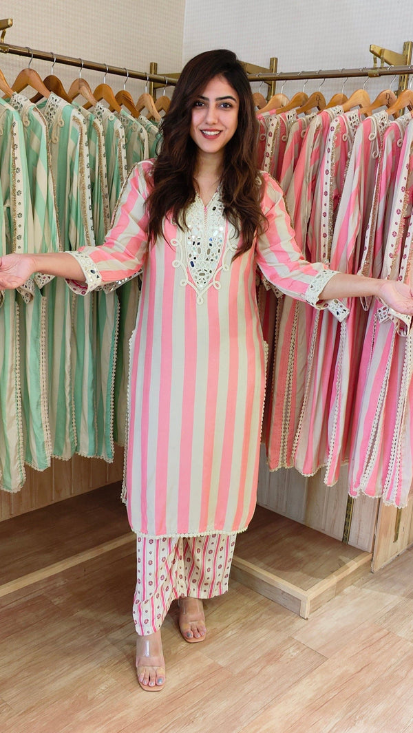 Pastel Pink Bold Stripes Kurta Pant Set