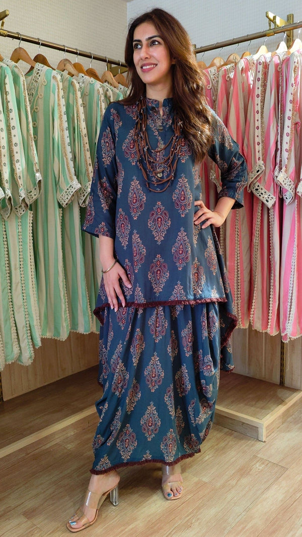 Dark Green Dhoti Skirt Dress with Neckpiece