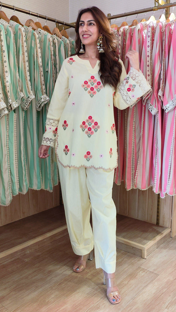 Floral Cream Embroidered Kurta Set