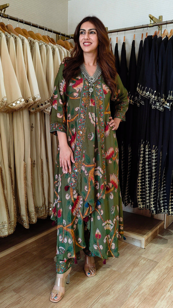 Olive Green Floral Butterfly Coord Set