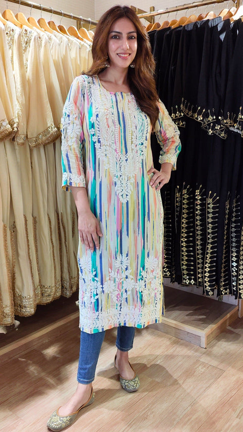 Multicolor Hand Embroidered Chikankari Kurta
