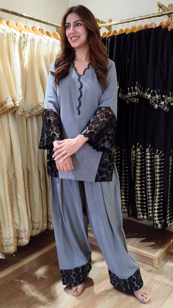 Grey Black Leather Patchwork Farshi Set