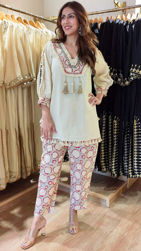 Cream Red Tassel Coord Set