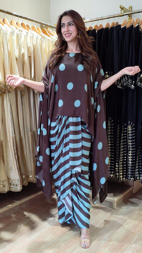 Brown Slit Sleeve Top with Dhoti Skirt