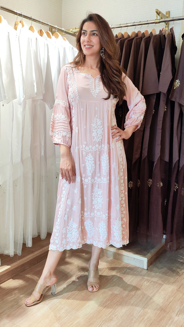 Salmon Peach Hand Embroidered Lucknowi Dress