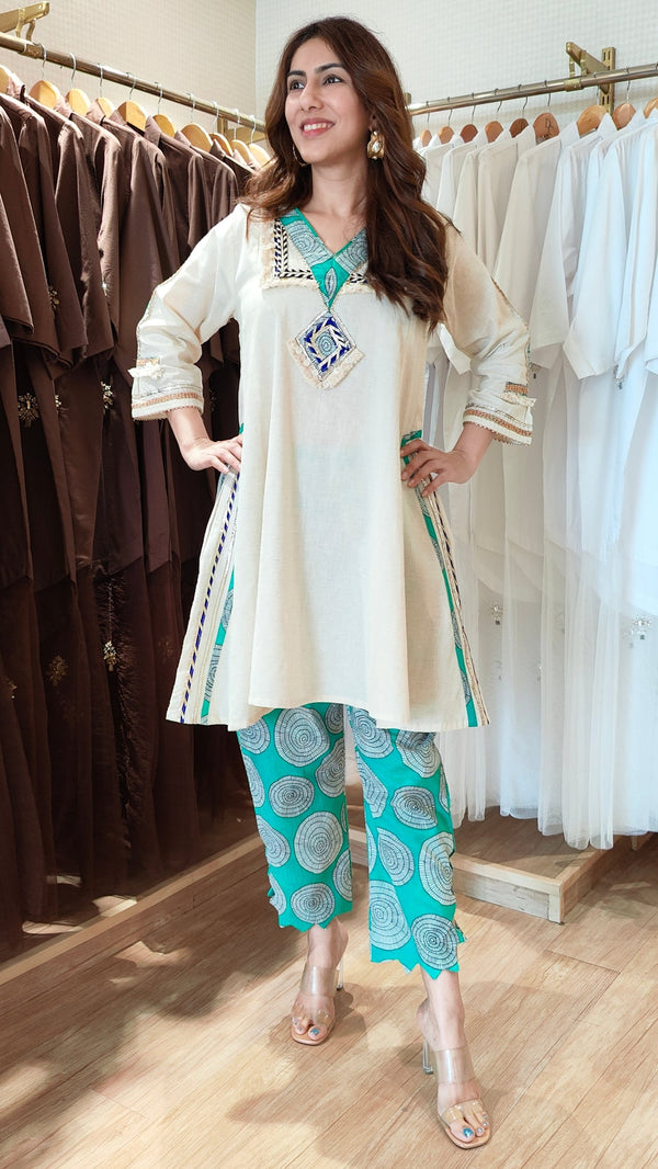 Off White Kurti with Green Printed Pant Set