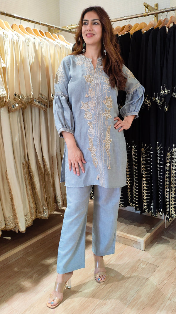 Blue Grey Kurta Set with Fabric Applique & Pearl Hand Embroidery