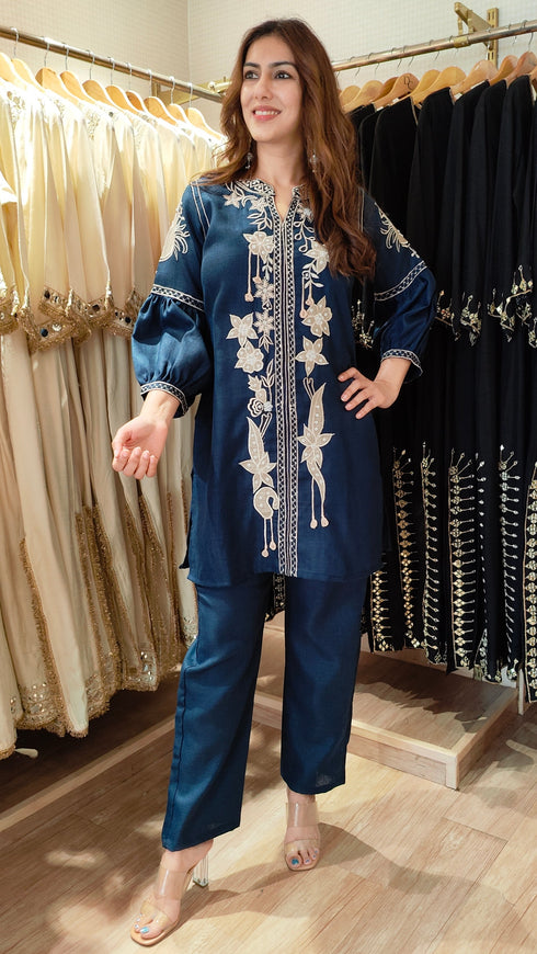 Deep Navy Kurta Set with Fabric Applique & Pearl Hand Embroidery
