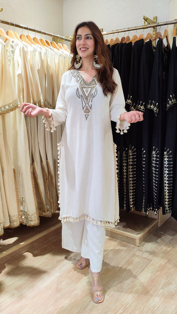 Ivory Metallic Embroidered High-Low Kurta Pant Set with Tassels
