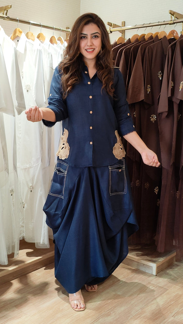 Deep Navy Embroidered Drape Skirt Set
